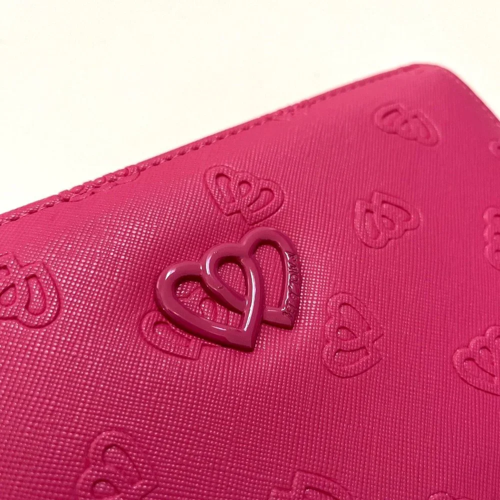 Betsey Johnson Pink Zip Around Long Wallet Double Heart Embossed Fuchsia